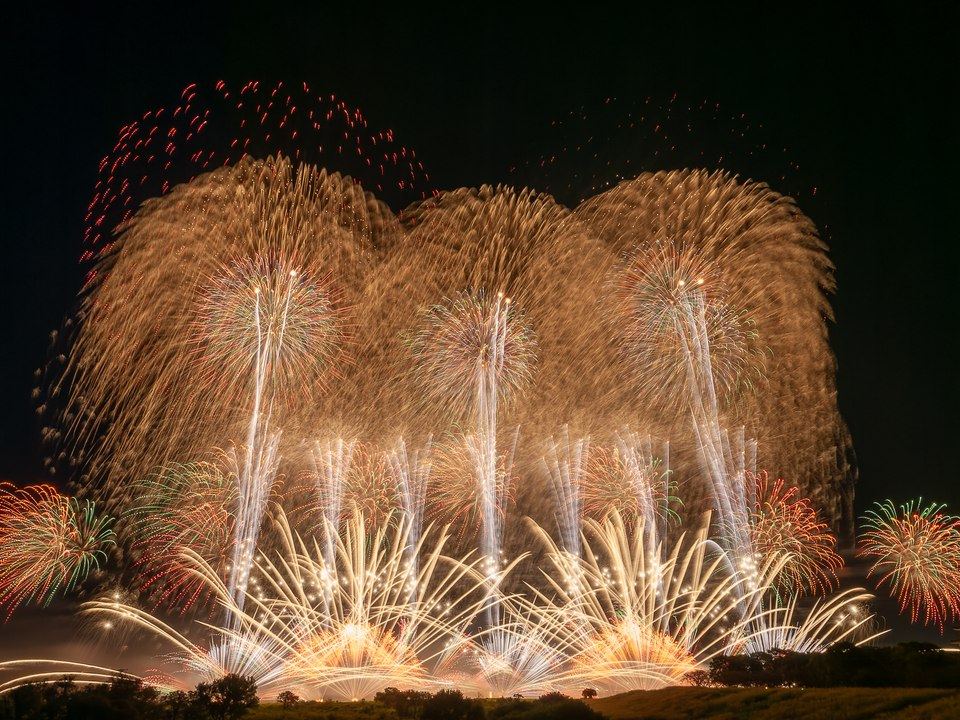 ゴールドの迫力ある花火が夜空と河川敷を染める