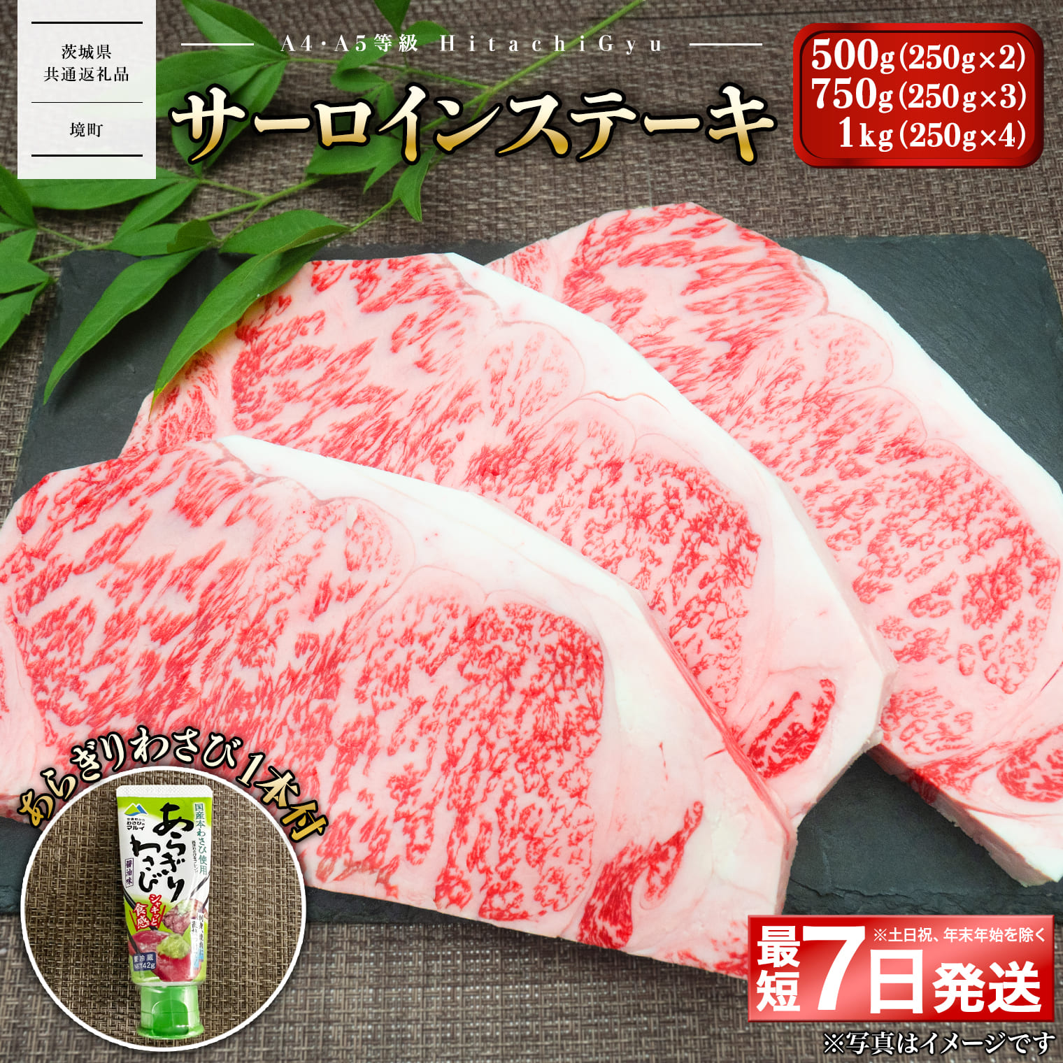 <最短7日発送> 常陸牛A5等級 サーロインステーキ500g (250g×2枚) あらぎりわさび1本付 【茨城県共通返礼品】