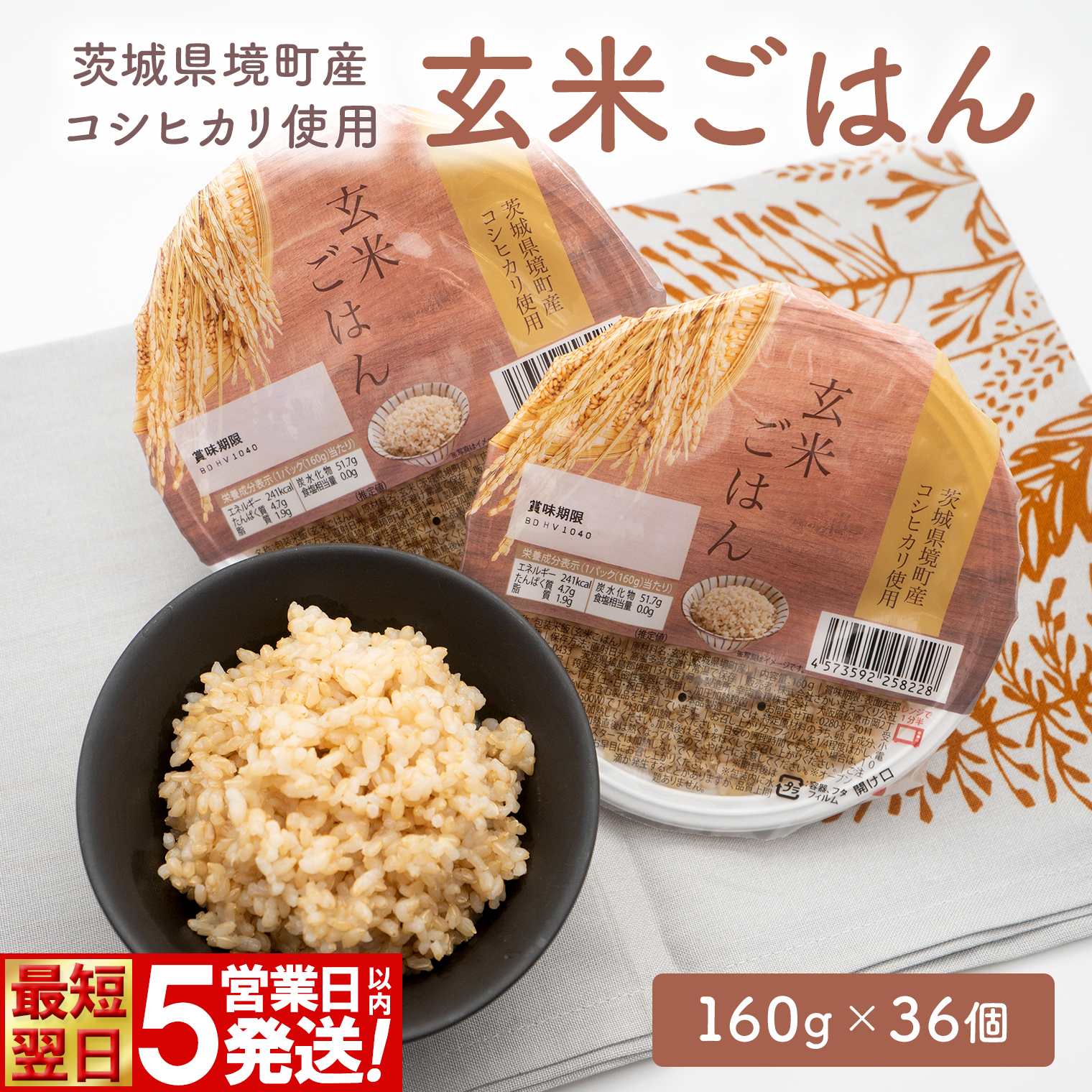 【最短翌日発送】茨城県境町産 コシヒカリ使用 玄米ごはん 160g×36個 パックライス