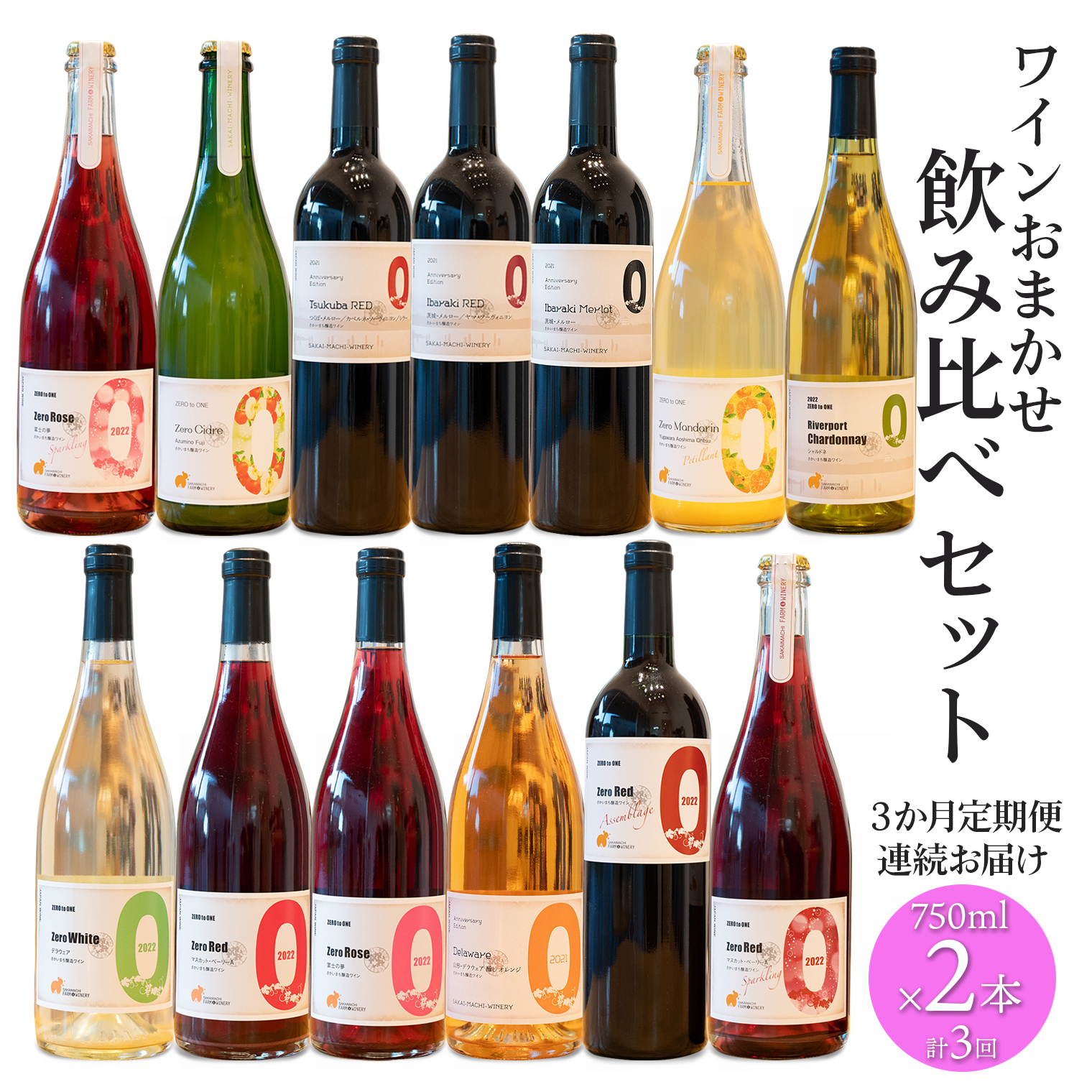 【3ヶ月定期便/毎月連続お届け】 ワイン おまかせ 飲み比べセット 750ml×2本 さかいまちワイナリー