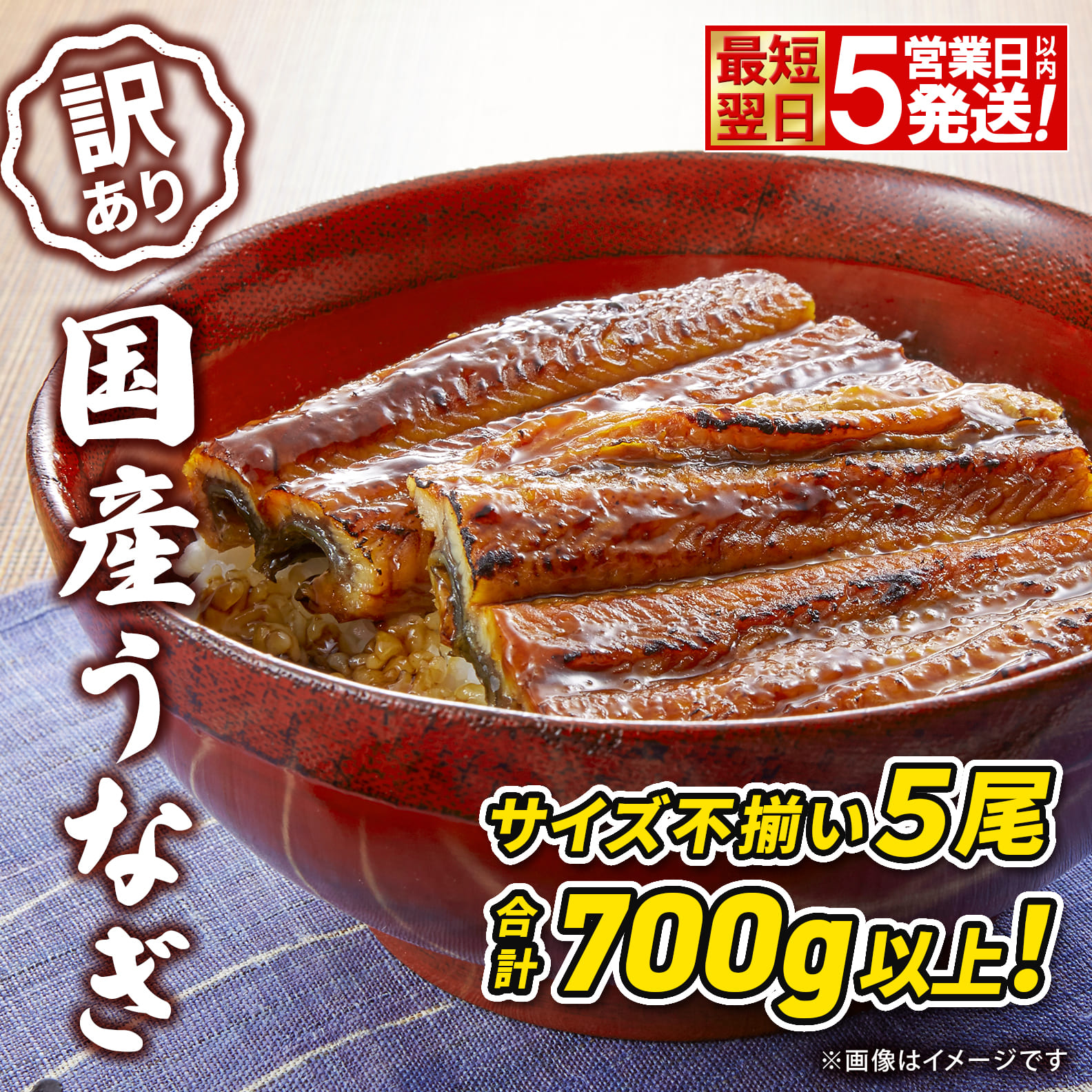 <最短翌日発送>【訳あり】さかい河岸水産の国産うなぎ5尾 700g以上! ※サイズ不揃い