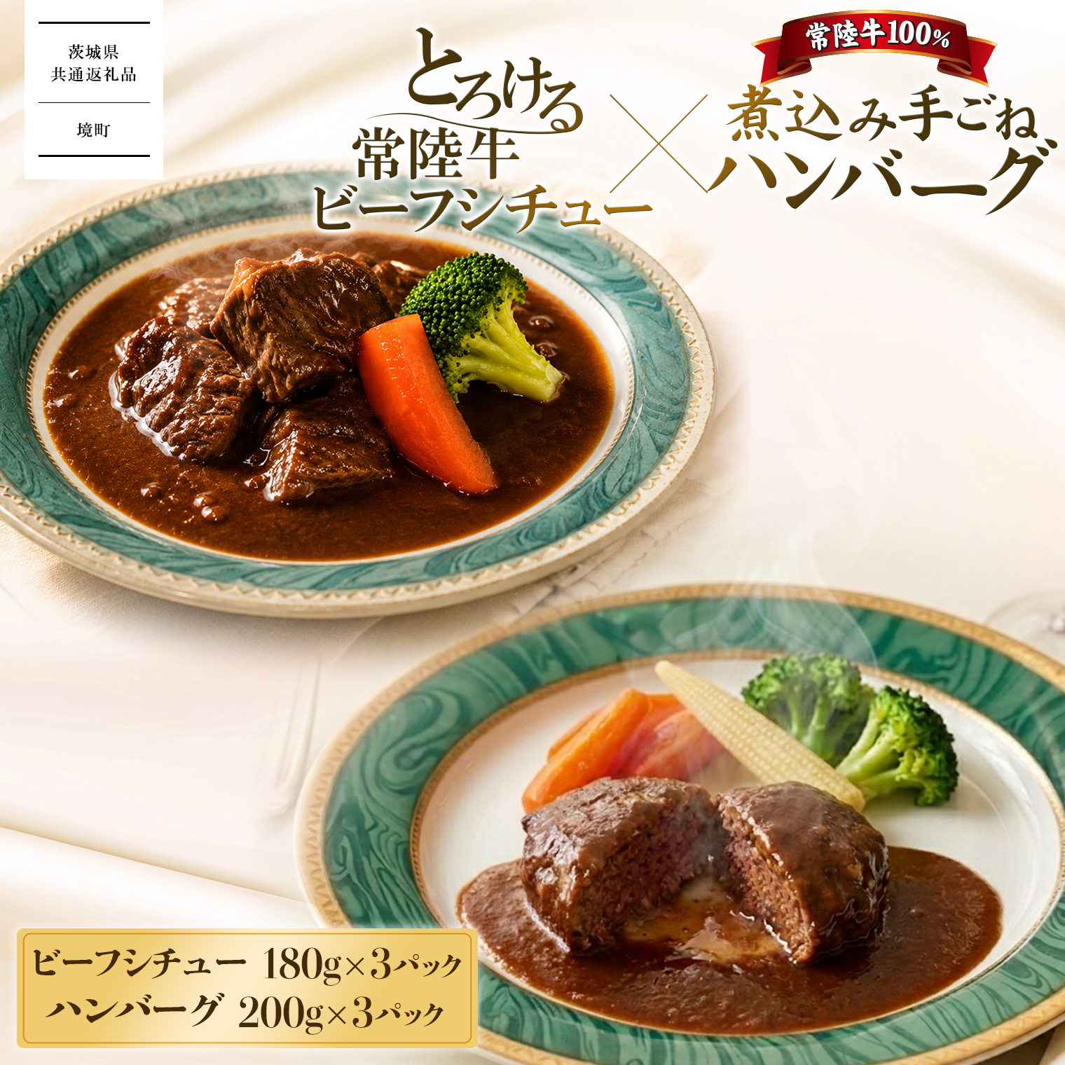 【茨城県共通返礼品】欲張りセット!! とろける 常陸牛 ビーフシチュー (180g×3パック) & 常陸牛 煮込み 手ごね ハンバーグ (200g×3パック)