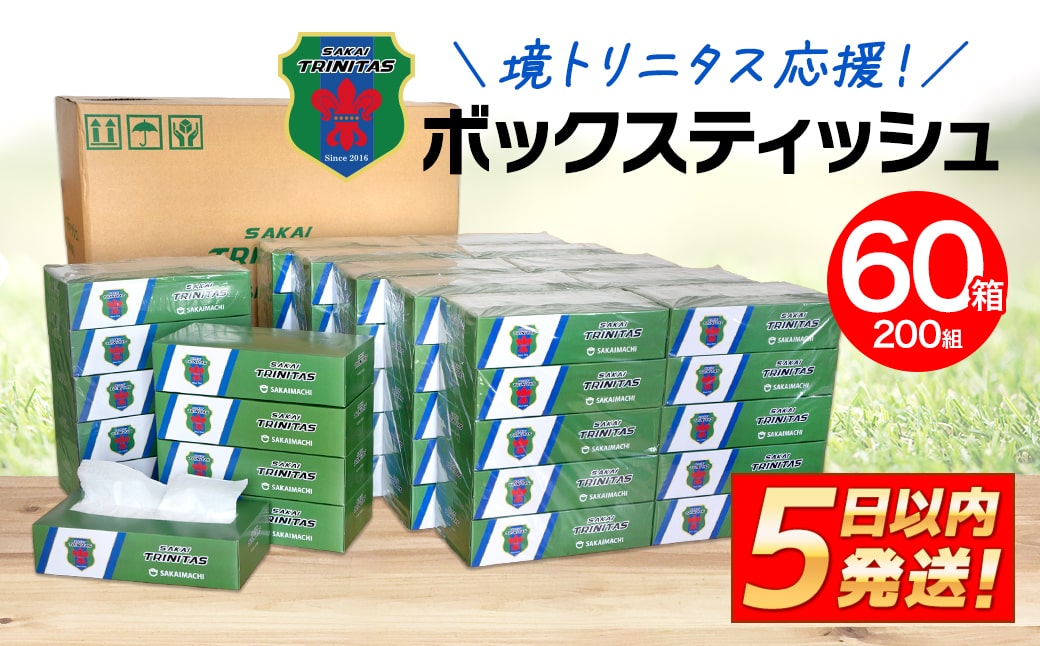 境トリニタス応援ボックスティッシュ 400枚(200組)×60箱 日用品 防災 消耗品 必需品 花粉 風邪 ティシュ ボックス ボックスティッシュ