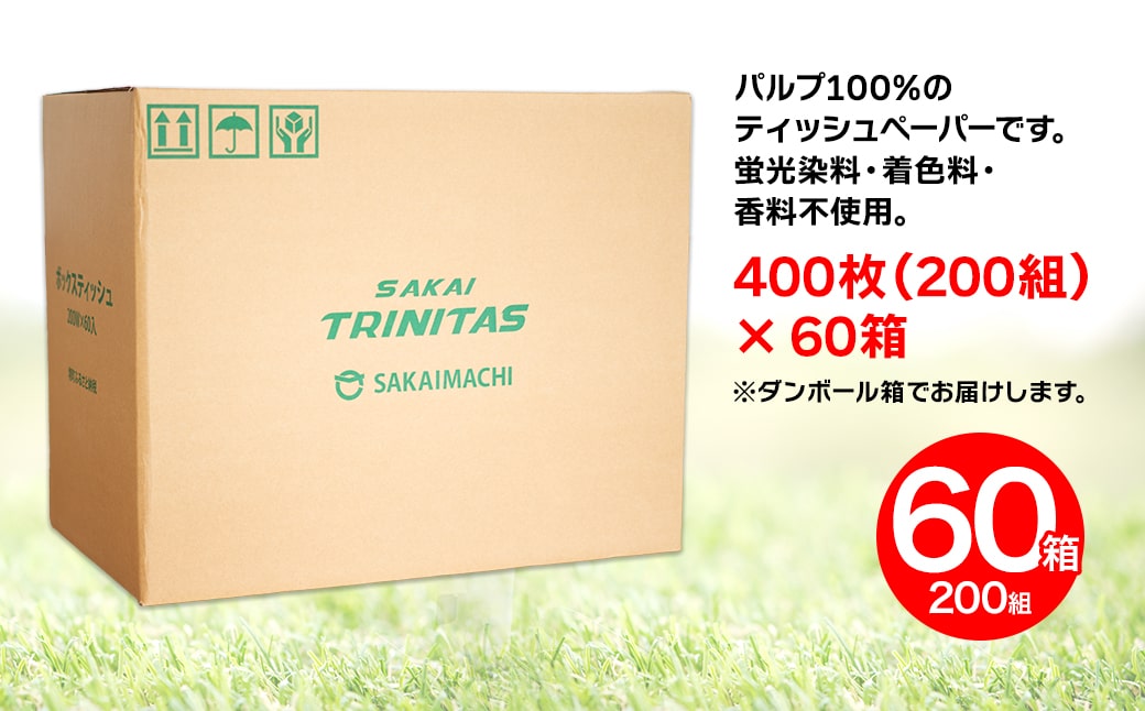 境トリニタス応援ボックスティッシュ 400枚(200組)×60箱 日用品 防災 消耗品 必需品 花粉 風邪 ティシュ ボックス ボックスティッシュ