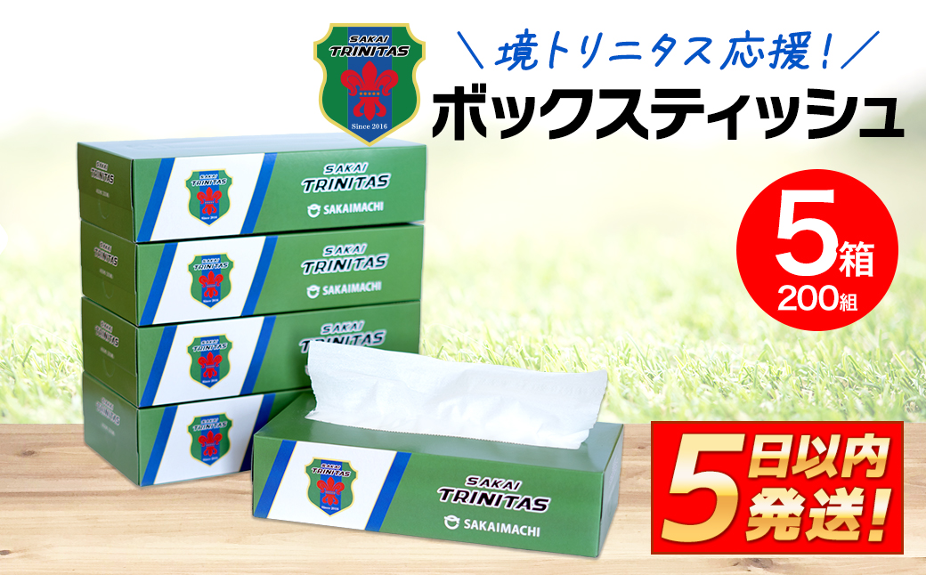 境トリニタス応援ボックスティッシュ 400枚(200組) × 5箱 日用品 防災 消耗品 必需品 花粉 風邪 ティッシュ ボックス ボックスティッシュ